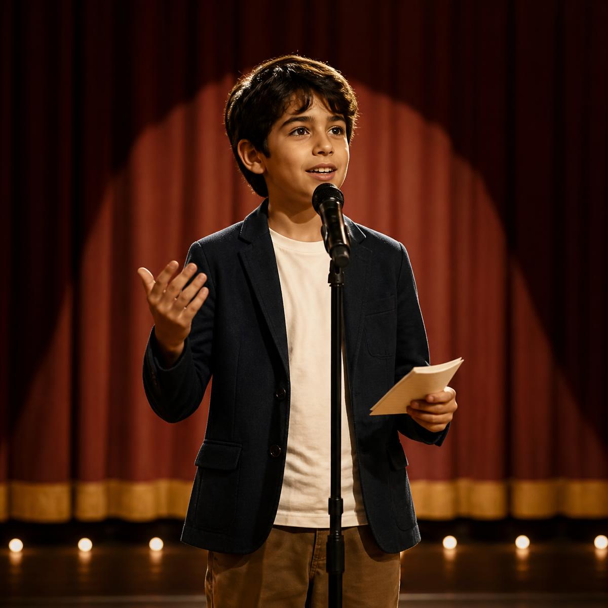 Confident child speaking on stage with a microphone