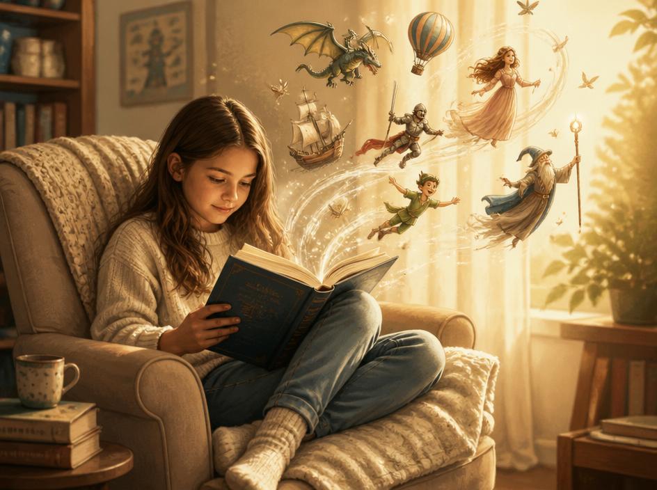 Child reading imaginatively